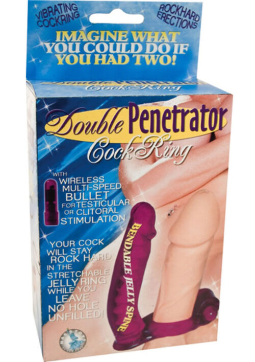 Double Penetrator Vibrating Cock Ring with Bendable Dildo -Purple