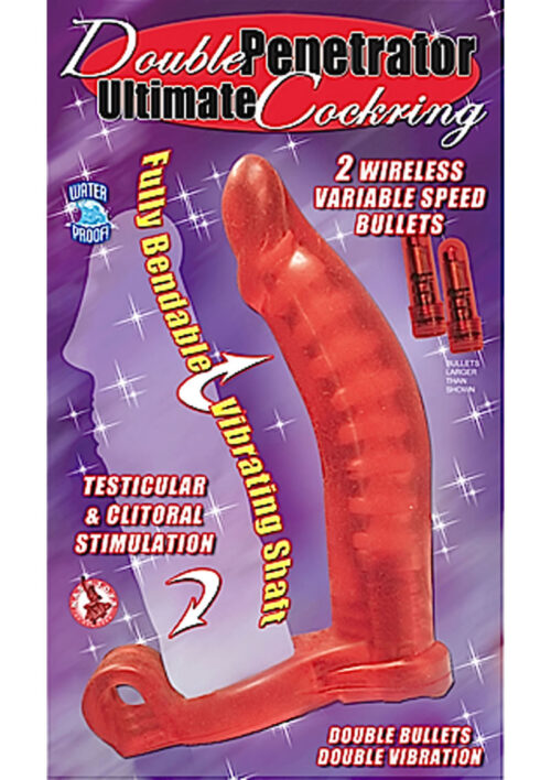 Double Penetrator Ultimate Cock Ring with Vibrating Dildo -Red