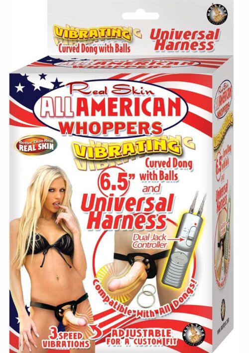 Real Skin All American Whoppers Vibrating Dildo with Universal Harness 6.5in - Black/Vanilla