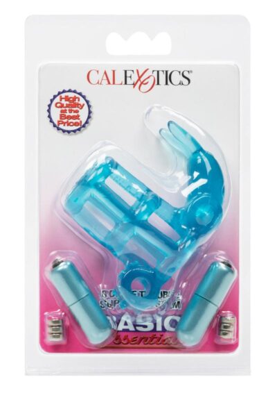Basic Essentials Double Trouble Vibrating Support System Cock Ring with Clitoral Stimulation - Blue
