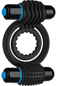 OptiMALE Silicone Vibrating Double Cock Ring with Dual Bullets - Black
