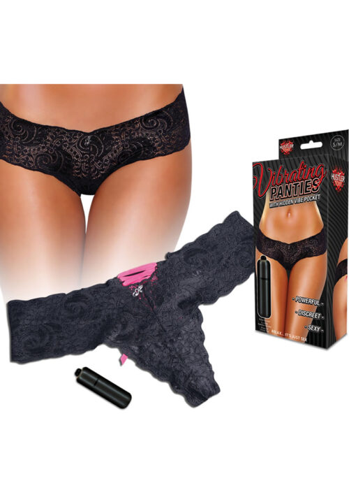 Hustler Toys Vibrating Panties Panty Vibe Lace Up Back Thong with Hidden Vibe Pocket - Black - Medium/Large