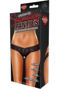 Hustler Toys Crotchless Stimulating Panties Thong with Pearl Pleasure Beads Black Small/Medium