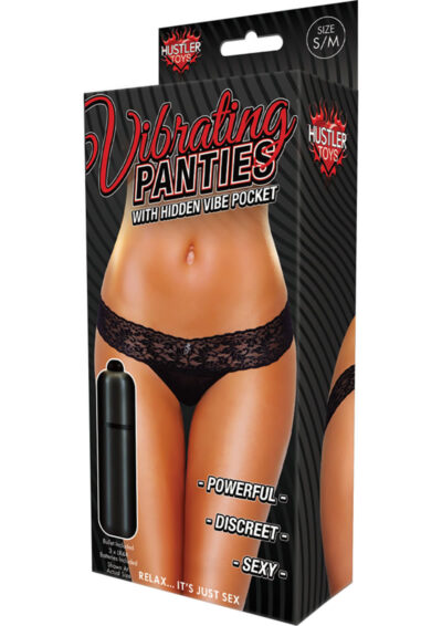 Hustler Toys Vibrating Panties Panty Vibe Lace Thong with Hidden Vibe Pocket - Black - Small/Medium