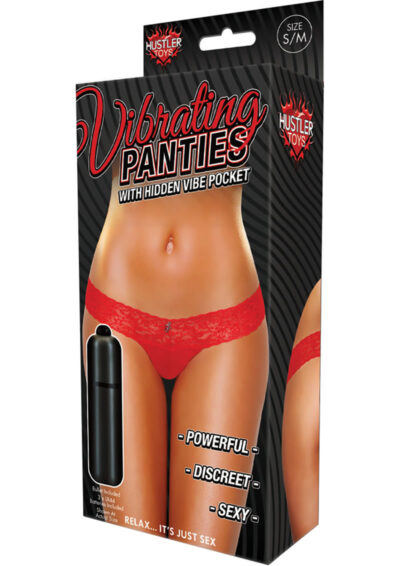 Hustler Toys Vibrating Panties Panty Vibe Lace Thong with Hidden Vibe Pocket - Red - Small/Medium