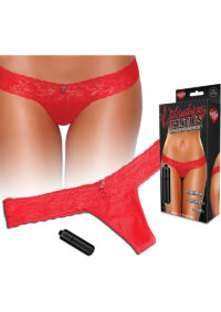 Hustler Toys Vibrating Panties Panty Vibe Lace Thong with Hidden Vibe Pocket - Red - Medium/Large