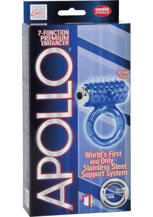 Apollo 7 Fuction Premium Enhancer Vibrating Cockring Blue 1.5 Inch Diameter
