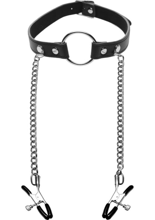 Master Series Seize O-Ring Gag with Nipple Clamps - Black