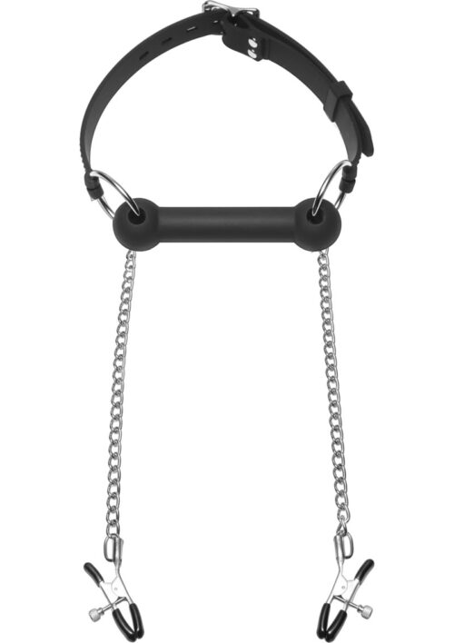 Master Series Equine Silicone Bit Gag with Nipple Clamps - Black