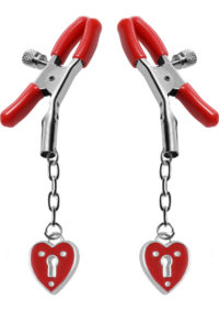 Master Series - Crimson Tied Charmed Heart Padlock Nipple Clamps - Red