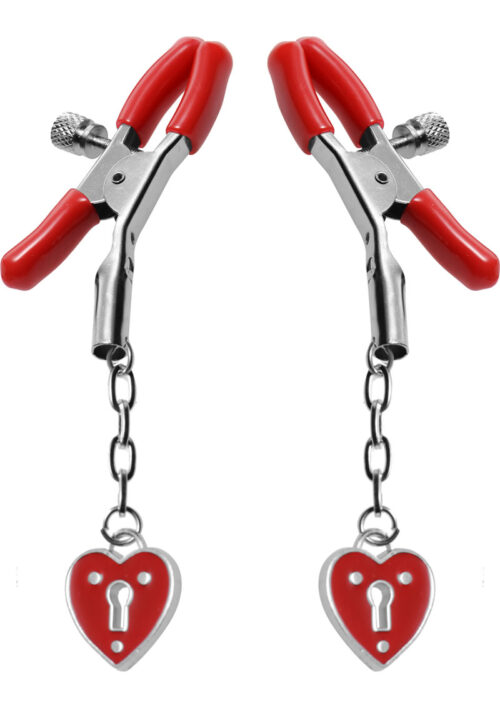 Master Series - Crimson Tied Charmed Heart Padlock Nipple Clamps - Red