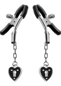 Master Series - Platinum Bound Charmed Heart Padlock Nipple Clamps - Silver