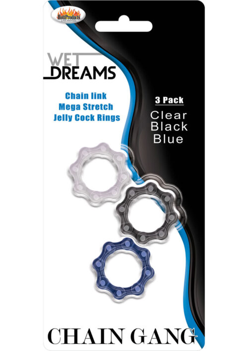 Wet Dreams Chain Gang Cock Rings 3 Each Per Pack - Clear/Black/Blue