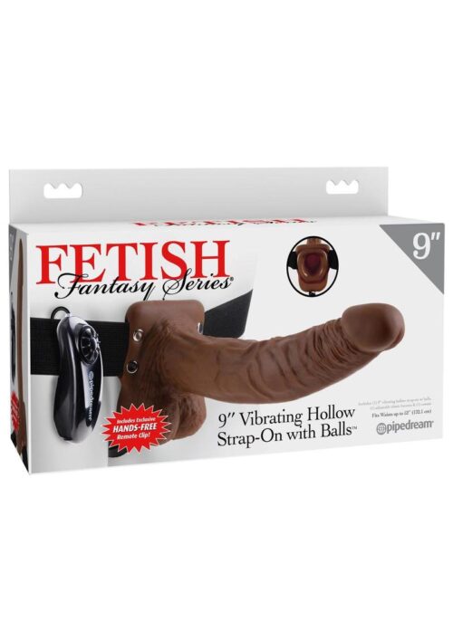 Fetish Fantasy Series Vibrating Hollow Strap-On Dildo with Balls and Harness with Remote Control 9in - Chocolate