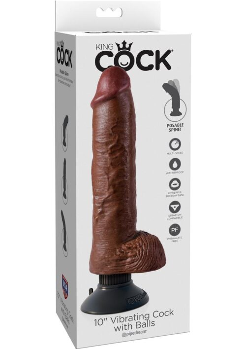 King Cock Vibrating Dildo with Balls 10in - Chocolate