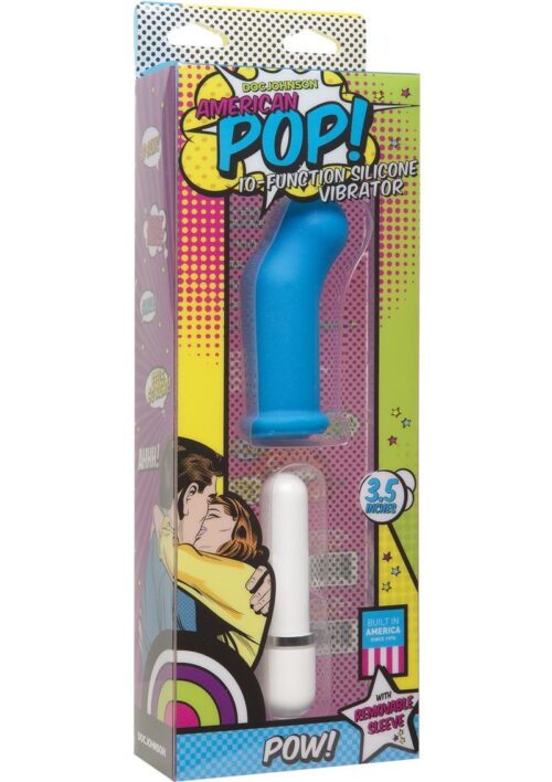 American Pop Pow 10 Function Silicone Vibrator With Sleeve Waterproof Blue 3.5 Inch