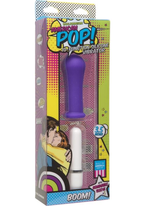 American Pop Boom 10 Function Silicone Vibrator With Sleeve Waterproof Purple 3.5 Inch