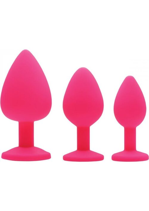 Frisky Pink Pleasure 3 Piece Silicone Anal Plugs with Gems - Pink
