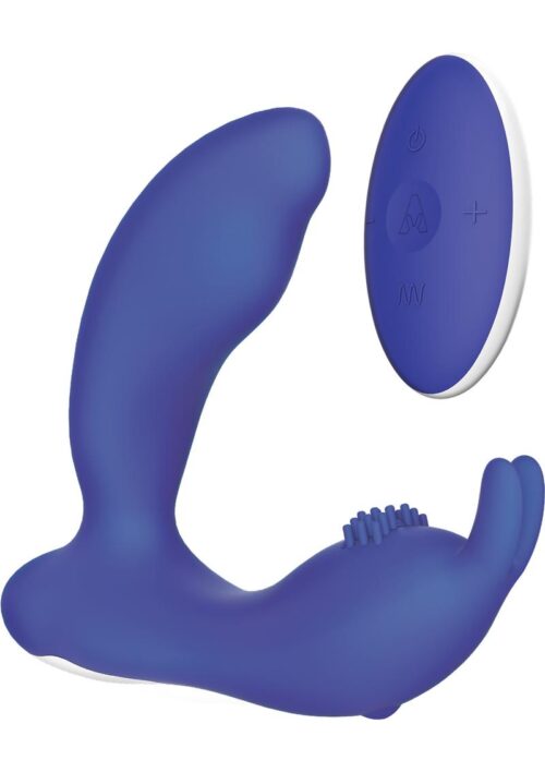 The Prostate Rabbit Rechargeable Silicone Vibrator With Clitoral And Anal Stimulation With Remote Control - Navy Blue