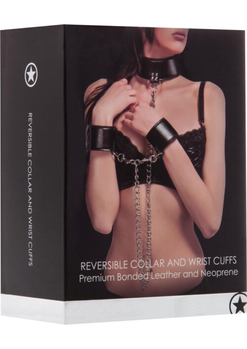 Ouch! Leather Reversible Collar And Leather Wrist Cuffs - Black