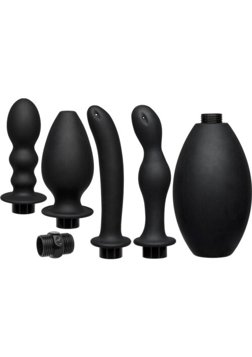 Kink Flow Full Flush Silicone Set Anal Douche And 4 Accessories Waterproof Black