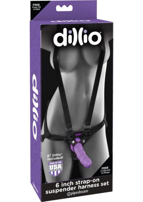 Dillio Strap-On Suspender Harness Set Black with Silicone Dong 6in - Purple