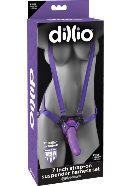 Dillio Strap-On Suspender Harness Set with Silicone Dildo 7in - Purple