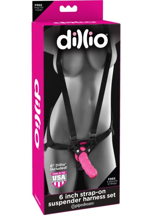 Dillio Strap-On Suspender Harness Set Black with Silicone Dong 6in - Pink