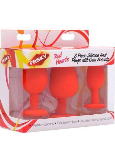 Frisky Red Hearts 3 Piece Silicone Anal Plugs with Gems - Red