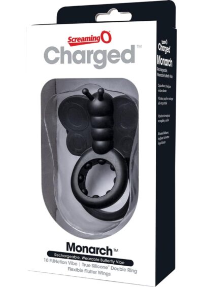 Charged Monarch USB Rechargeable Butterfly Vibe Silicone Cock Ring Waterproof - Black