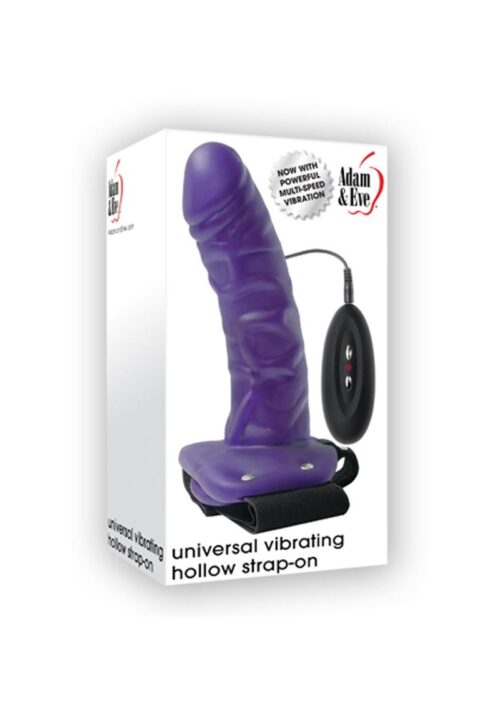 Adam and Eve Universal Vibrating Hollow Strap-On Dildo with Remote Control 6in - Purple