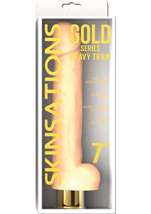 Skinsations Gold Gravy Train Realistic Bendable Vibrating Dildo with Balls Water Resistant 7in - Vanilla
