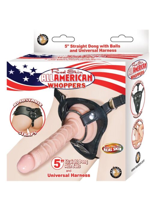 All American Whoppers Realskin Straight Dildo and Universal Harness 5in - Vanilla