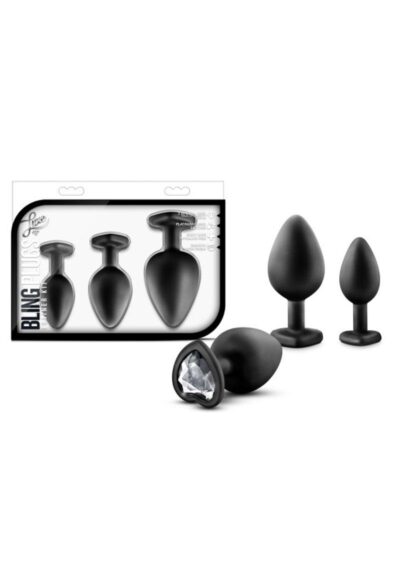 Luxe Bling Butt Plugs Silicone Training Kit with White Gems (3 size kit) - Black