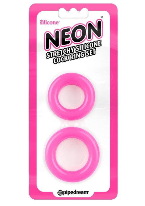 Neon Stretchy Silicone Cock Ring Set Pink 2 Each Per Set