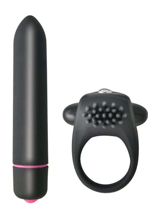 Intense Silicone Vibrating Cock Ring and Bullet Set - Black