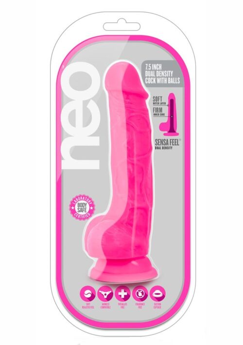 Neo Dual Density Dildo with Balls 7.5in - Neon Pink