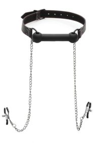 Strict Black Silicone Bit Gag with Nipple Clamps - Black