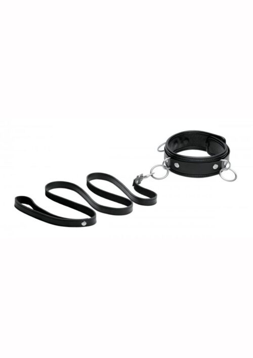 Mistress By Isabella Sinclaire Leather 3 Ring Collar with Leash - Black
