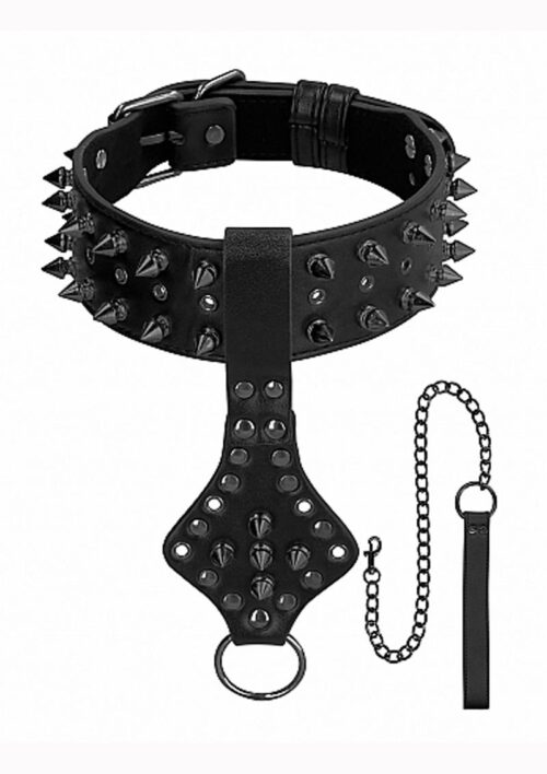 Ouch! Skulls And Bones Deluxe Spiked Collar With Leash - Black
