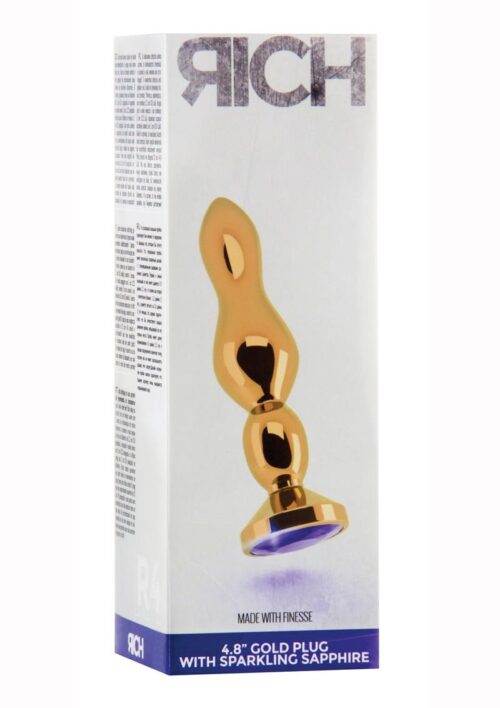 Rich R4 Butt Plug With Sparkling Sapphire - 4.8 in - Gold