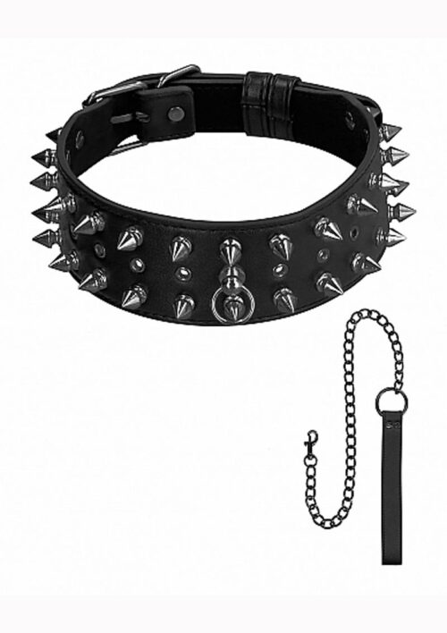Ouch! Skulls and Bones Biker Spike Collar with Leash - Black