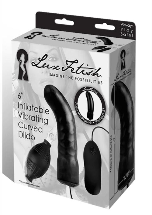 Lux Fetish Latex Inflatable Vibrating Curvd Dildo with Wired Remote Control 6in - Black