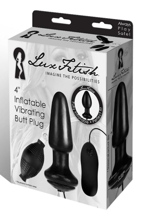 Lux Fetish Latex Inflatable Vibrating Butt Plug with Wired Remote Control 4in - Black
