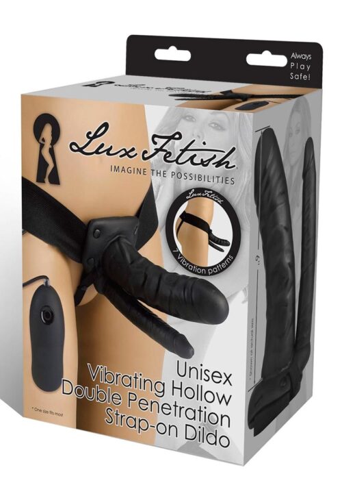 Lux Fetish Unisex Vibrating Hollow Double Penetration Strap-On Dildo with Wired Remote Control 9in - Black