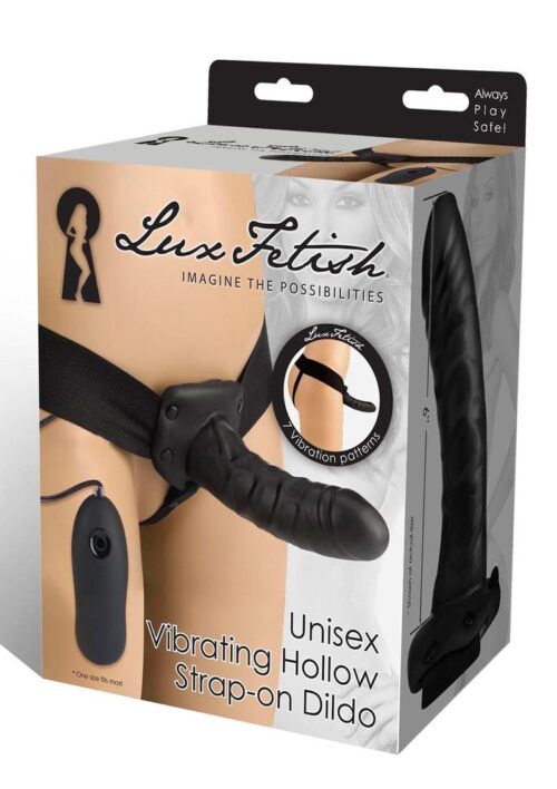 Lux Fetish Unisex Vibrating Hollow Strap-On Dildo with Wired Remote Control 9in - Black