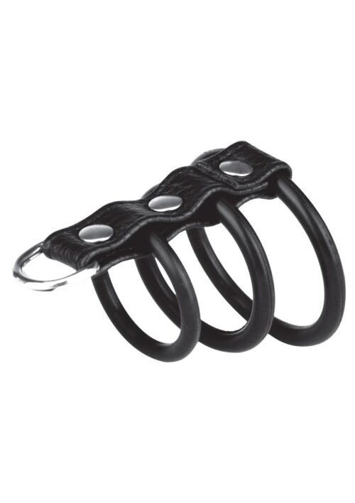 Blue Line C and B Gear 3 Ring Silicone Gates Of Hell with Leash Lead - Black
