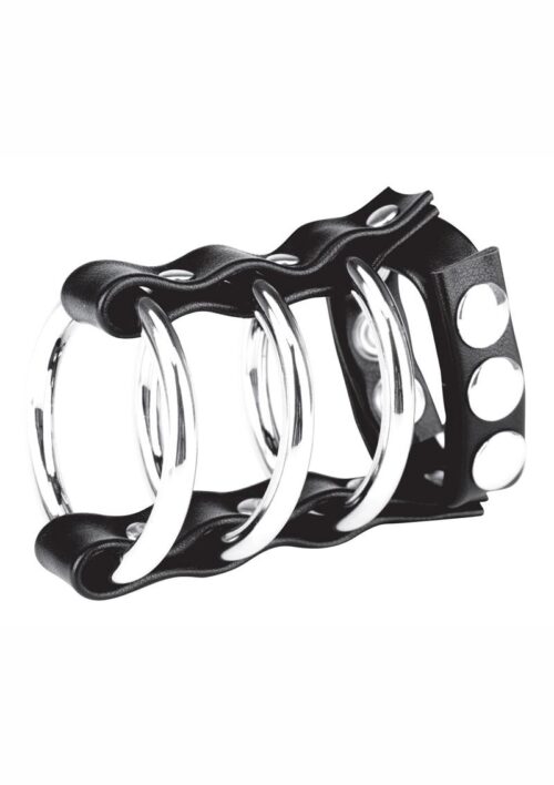 Blue Line C and B Gear Triple Metal Cock Ring with Adjustable Snap Ball Strap - Black