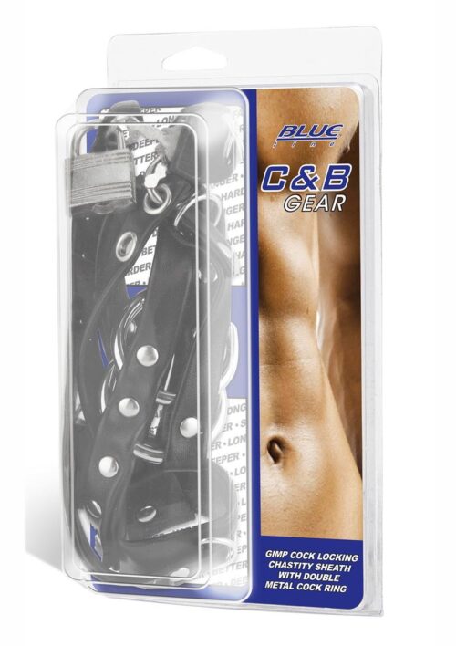Blue Line C and B Gear Gimp Cock Locking Chastity Sheath with Metal Double Cock Ring - Black