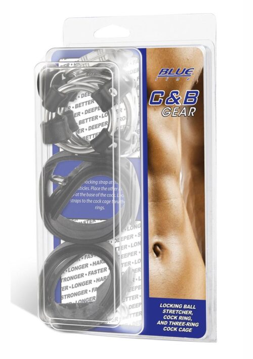 Blue Line C and B Gear Locking Ball Stretcher Cock Ring and Three-Ring Metal Cock Cage - Black